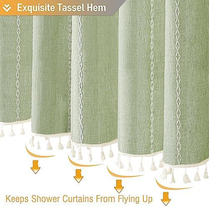 BTTN Sage Green Cream Boho Farmhouse Linen Heavy Duty Shower Curtain, 72x72