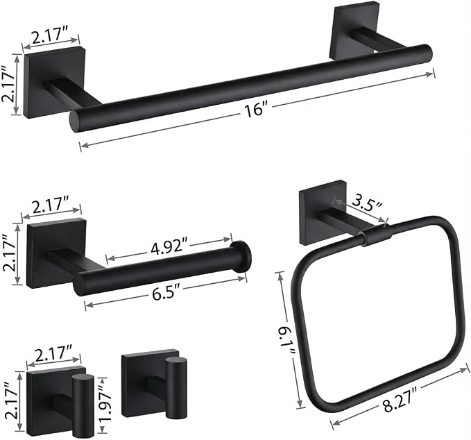 16 in 5-Piece Bathroom Hardware Set, Matte Black | SUS304 stainless steel, towel bar, towel ring, toilet paper holder, 2 robe hooks, hidden screw mount