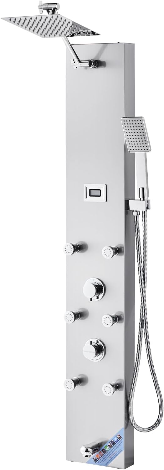 VEVOR Shower Panel Tower System with Rainfall Shower Head, LED, 49 in Brushed Stainless Steel Shower Column, 4-Function Faucet, Wall-Mount Rain Massage System with 6 Body Jets, Handheld, and Tub Spout