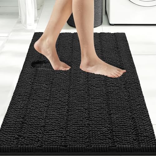 Bcoimo Bath Rug Mat,36x24 Chenille Non Slip Black Bathroom Floor Shower Mat