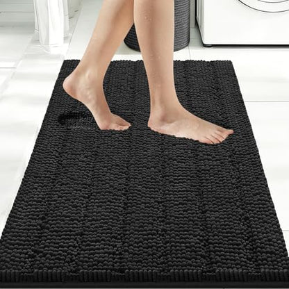Bcoimo Bath Rug Mat,36x24 Chenille Non Slip Black Bathroom Floor Shower Mat