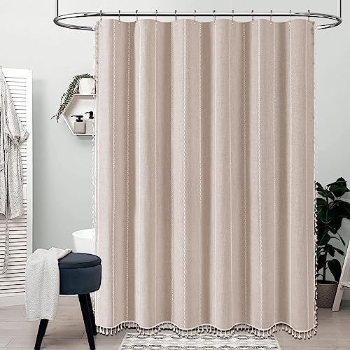 BTTN Tan Cream Boho Farmhouse Linen Heavy Duty Shower Curtain, Taupe, 72x72
