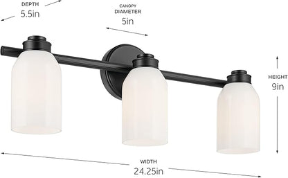 Kichler Shae 24.25" 3-Light Vanity Light with White Opal Glass in Black, for Bathroom Vanity, Powder Room, Over a Mirror, (24.25" W x 9" H), 55202BK