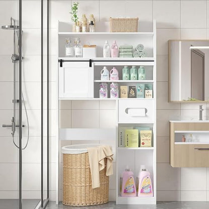 VECELO Over The Toilet Storage Cabinet with Sliding Doors, 63.8" Toilet Organizer with Adjustable Shelves, Paper Holder and Racks, for Bathroom Laundry, White