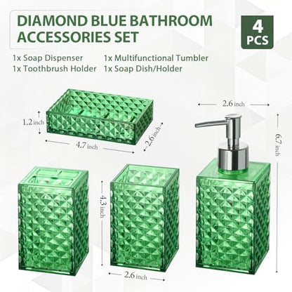 RYTOXILO Green Bathroom Accessories Set, 4 Pack Green Bath Accessory Sets Complete, Acrylic Soap Dispenser and Toothbrush Holder Set for Bathroom Counter Sink, Modern Bathroom Decor