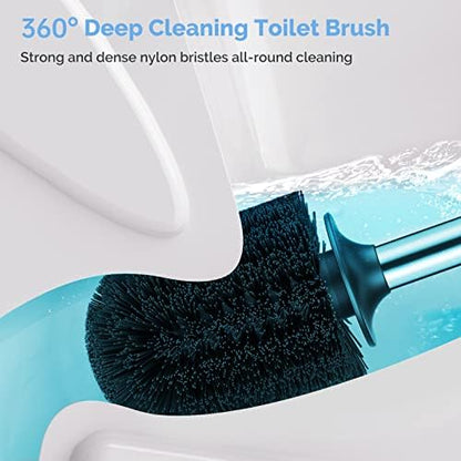 HAMITOR Toilet Plunger and Bowl Brush Set: 2 in 1 Stainless Steel Heavy Duty Toilet Cleaner Plunger with Holder Combo for Bathroom Cleaning - Modern Hideaway Bathroom Accessories with Caddy Stand
