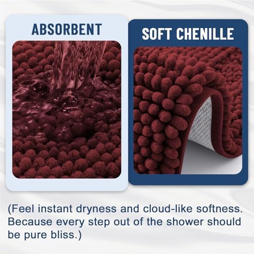 Grandaily Chenille Striped Bathroom Rugs 24x16, Extra Thick and Soft Absorbent Bath Mats, Rubber Backing, Plush Shaggy Shower Carpet, Machine Wash Dry, Bath Rug for Bathroom, Reddish Brown