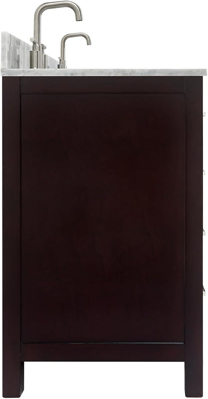 ARIEL Cambridge 66-inch Bathroom Vanity with Sink,Solid Wood, 0.75-inch Italian Carrara Marble Countertop, Double Rectangular Porcelain Sink, 4 Soft Closing Doors, 6 Dovetail Drawers, Espresso