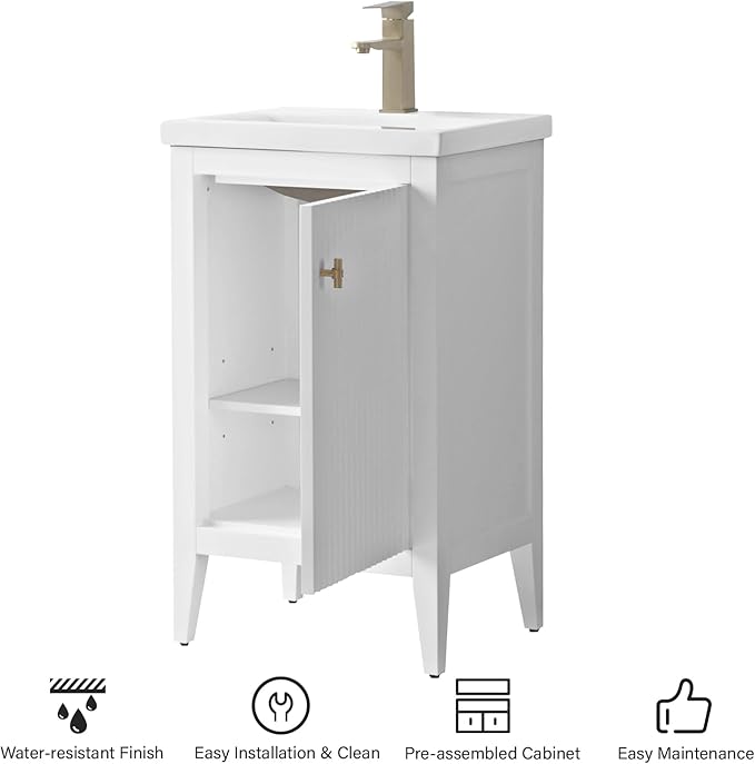 HOMEBEYOND 20" Bathroom Vanity with Ceramic Sink, Solid Wood Free-Standing Vanities Cabinet, Ceramic Top, Golden Brushed Handware & Soft Closing Door, White