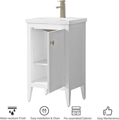 HOMEBEYOND 20" Bathroom Vanity with Ceramic Sink, Solid Wood Free-Standing Vanities Cabinet, Ceramic Top, Golden Brushed Handware & Soft Closing Door, White