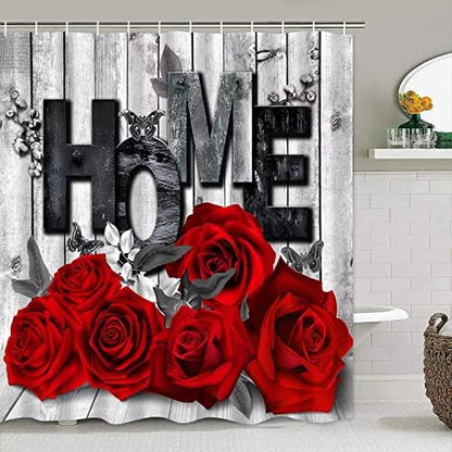 Yddsky 4 Pcs Red Rose Shower Curtain Set with Rugs Bathroom Set