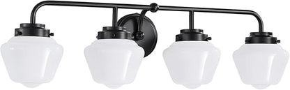 Bathroom Vanity Light Fixtures: 4-Light Matte Black Bathroom Lighting Fixtures Over Mirrors, Farmhouse Rustic Wall Sconce with Milky White Glass for Bath Living Room Cabinet