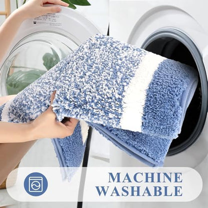 Pauwer Bathroom Rugs 3 Piece Set, Non Slip Washable Bath Mat, Blue