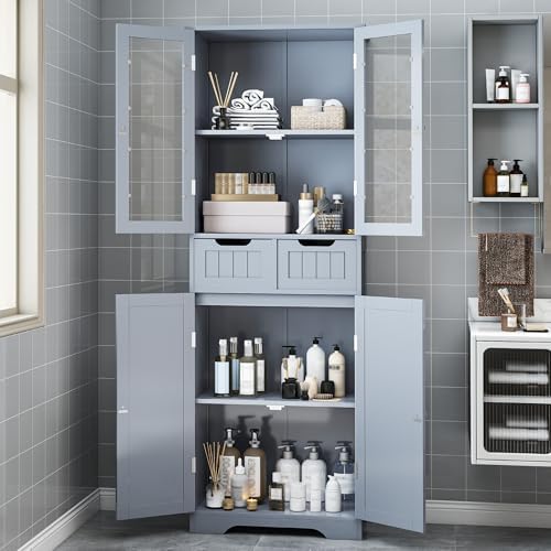 Betterhood 67" Tall Bathroom Storage Cabinet, Freestanding Cabinet with Glass Doors and Shelves, Large Bathroom Pantry with 2 Drawers for Living Room, Kitchen, Dining Room, Office, Gray