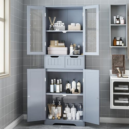Betterhood 67" Tall Bathroom Storage Cabinet, Freestanding Cabinet with Glass Doors and Shelves, Large Bathroom Pantry with 2 Drawers for Living Room, Kitchen, Dining Room, Office, Gray