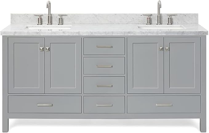 ARIEL Cambridge 72-inch Bathroom Vanity with Sink,Solid Wood, 1.5-inch Italian Carrara Marble Countertop, Double Rectangular Porcelain Sink, 4 Soft Closing Doors, 6 Dovetail Drawers, Grey