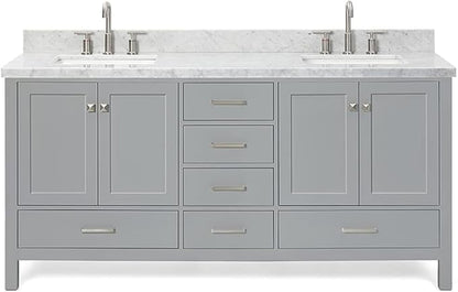 ARIEL Cambridge 72-inch Bathroom Vanity with Sink,Solid Wood, 1.5-inch Italian Carrara Marble Countertop, Double Rectangular Porcelain Sink, 4 Soft Closing Doors, 6 Dovetail Drawers, Grey