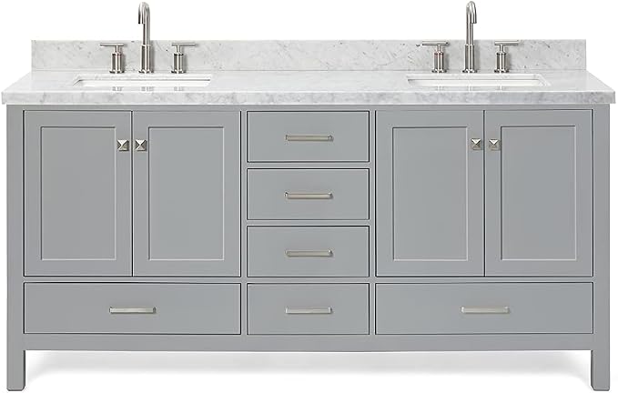 ARIEL Cambridge 72-inch Bathroom Vanity with Sink,Solid Wood, 1.5-inch Italian Carrara Marble Countertop, Double Rectangular Porcelain Sink, 4 Soft Closing Doors, 6 Dovetail Drawers, Grey