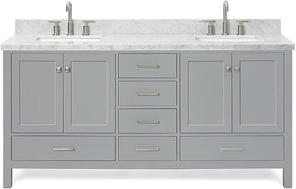 ARIEL Cambridge 72-inch Bathroom Vanity with Sink,Solid Wood, 1.5-inch Italian Carrara Marble Countertop, Double Rectangular Porcelain Sink, 4 Soft Closing Doors, 6 Dovetail Drawers, Grey