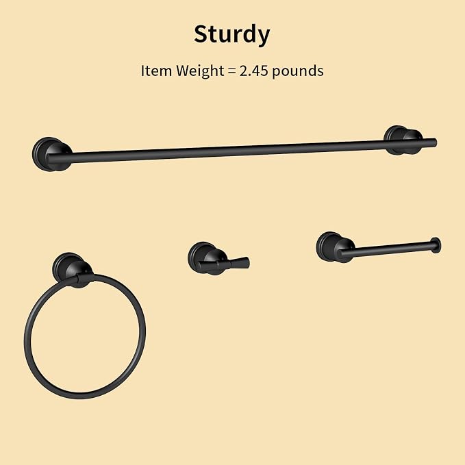 Matte Black Bathroom Accessories Set, 4 Pieces Bathroom Hardware Set, Towel Bar Set Stainless Steel Wall Mounted, Towel Racks for Bathroom, Robe Towel Hooks, Toilet Paper Holder