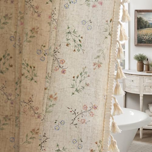Floral Farmhouse Vintage Linen Shower Curtain with Tassel 54Wx72H