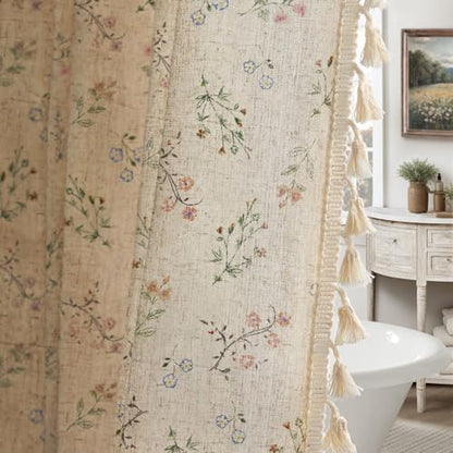 Floral Farmhouse Vintage Linen Shower Curtain with Tassel 54Wx72H