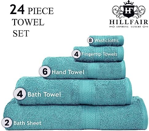 HILLFAIR 100% Cotton 24 Piece Bath Towels Set for Bathroom- Sea Green
