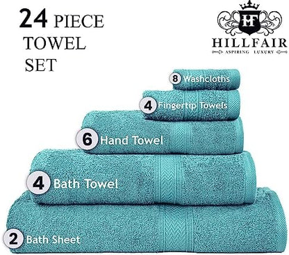 HILLFAIR 100% Cotton 24 Piece Bath Towels Set for Bathroom- Sea Green