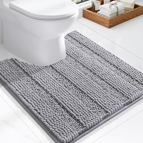 Grandaily Chenille Striped Bathroom Rugs 24x20, Extra Thick and Soft Absorbent Bath Mats, Rubber Backing, Plush Shaggy Shower Carpet, Machine Wash Dry, Bath Rug for Bathroom, Grey