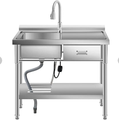Free Standing Utility Sink, 39" Single Bowl Stainless Steel Commercial Sink with Drawers, Cold and Hot Water Pipe & Workbench, for Kitchen, Laundry | Commercial Sink with Drawers, Cold and Hot Water Pipe & Workbench, for Kitchen, Laundry
