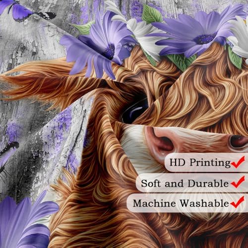 Cute Highland Cow Shower Curtain for Bathroom, Farmhouse Rustic Wooden Cattle Bathroom Decor Set, Funny Daisy Floral Flowers and Butterfly Waterproof Fabric Bath Curtains with 12 Hooks 60x72in