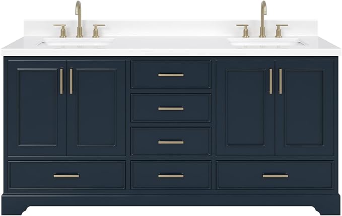 ARIEL Stafford 72-inch Bathroom Vanity with Sink,Solid Wood, 1.5-inch Pure White Quartz Countertop, Double Rectangular Porcelain Sink, 4 Soft Closing Doors, 6 Dovetail Drawers, Midnight Blue
