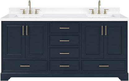 ARIEL Stafford 72-inch Bathroom Vanity with Sink,Solid Wood, 1.5-inch Pure White Quartz Countertop, Double Rectangular Porcelain Sink, 4 Soft Closing Doors, 6 Dovetail Drawers, Midnight Blue