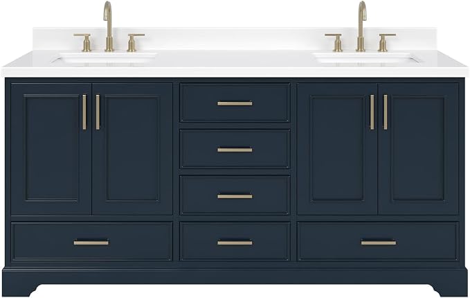 Langford 72-inch Midnight Blue Bathroom Vanity with Left & Right Rectangle Double Sinks, Pure White Quartz Countertop & Backsplash, Solid Wood Frame, Soft-Closing & Dovetail Drawers