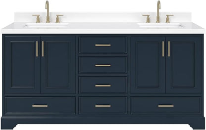 Langford 72-inch Midnight Blue Bathroom Vanity with Left & Right Rectangle Double Sinks, Pure White Quartz Countertop & Backsplash, Solid Wood Frame, Soft-Closing & Dovetail Drawers