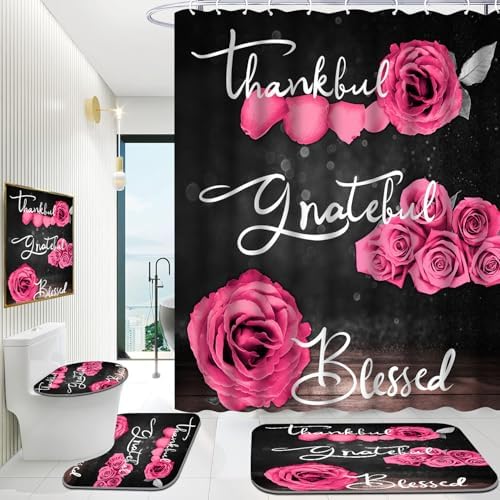 Onalasyc 4Pcs Pink Rose Floral Shower Curtain with Rugs Set