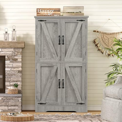 TEENFON Farmhouse Storage Cabinet with 2 Adjustable Shelves, Bathroom Cabinet with 4 Doors, Cupboard for Kitchen, Living Room, Rustic Gray