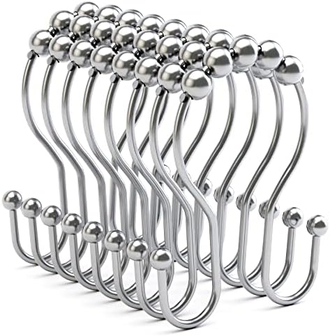 Bathway Shower Curtain Hooks Chrome Shower Curtain Rings Rust Proof, Smooth Glide Double Shower Curtain Hooks, 12Pcs Shower Curtain Hangers, Shower Hooks for Shower Curtain Bathroom Shower Rod Hooks