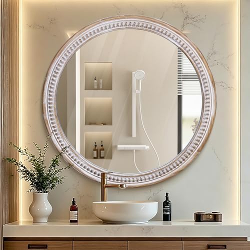 30 Inch Round Wood Mirror, Rustic Farmhouse Wall Mirrors for Bathroom