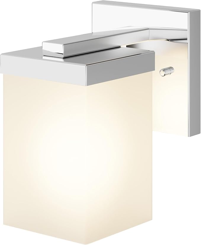 Bathroom Light Fixture Wall Sconce with White Frosted Glass Shade, Polished Chrome Vanity Lightings Over Mirror Hallway Entrance Porch T003CH-L1
