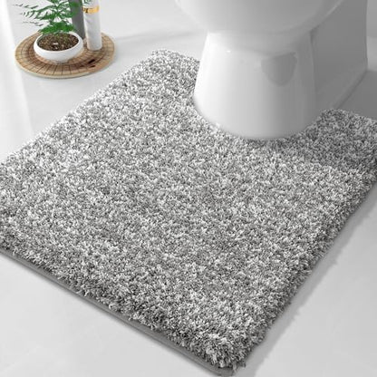 Yimobra Fluffy Toilet Rugs U Shaped, Shaggy Soft Comfortable Non Slip, Water Absorbent Microfiber Bath Mat, Dries Quickly, Machine Washable Thick Bathroom Floor Rugs, 24"x 20", Light Gray and White