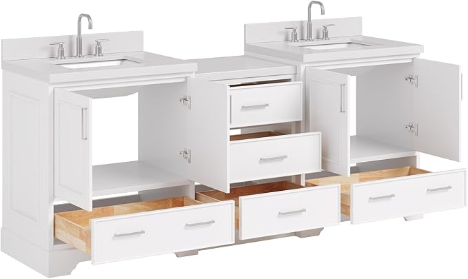 ARIEL Stafford 84-inch Bathroom Vanity with Sink,Solid Wood, 1.5in Pure White Quartz Countertop & Backsplash, Double Rectangular Porcelain Sink, 4 Soft Closing Doors, 5 Dovetail Drawers, White
