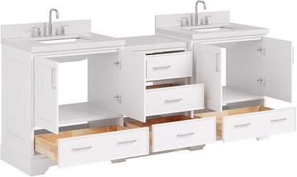 ARIEL Stafford 84-inch Bathroom Vanity with Sink,Solid Wood, 1.5in Pure White Quartz Countertop & Backsplash, Double Rectangular Porcelain Sink, 4 Soft Closing Doors, 5 Dovetail Drawers, White