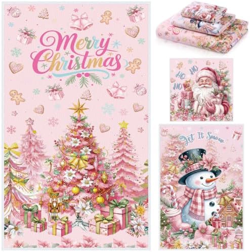 Moukeren Set of 3 Pink Christmas Bathroom Towels Merry Christmas Bath Towel Hand Towels and Washcloth Soft Tree Santa Claus Snowman Decorative Towel Housewarming Gifts for Farmhouse Bathroom Kitchen