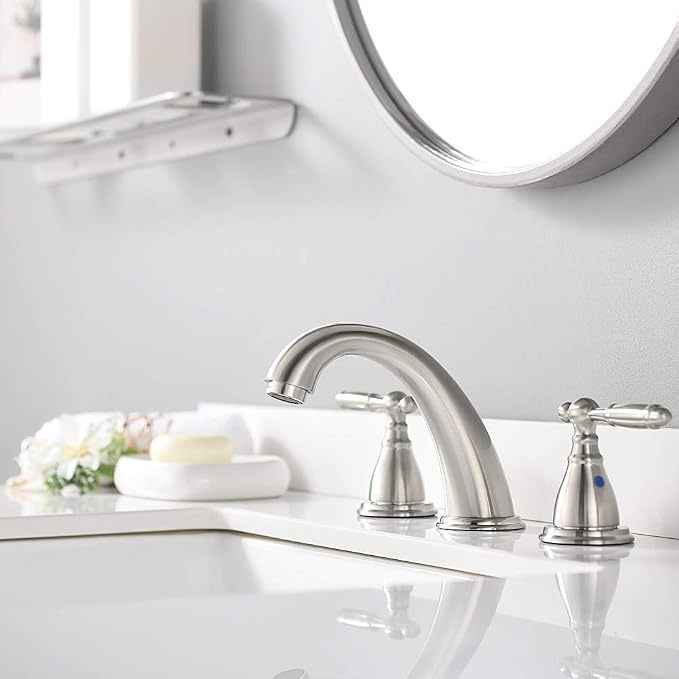 8 Inch 3 Holes Brushed Nickel Low Arc Widespread Bathroom Sink Faucet, 2 Handles Bathroom Faucet with Stainless Steel Pop Up Drain, WF008-4-BN