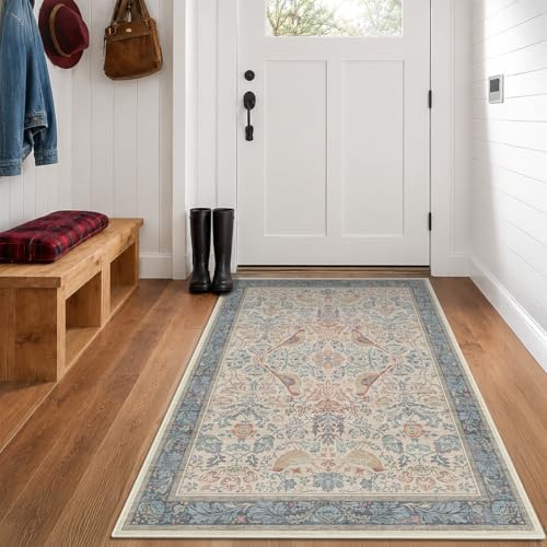 Boho Natural Red Blue 3x5 Entryway Rug, Washable Mudroom Area Rug, Modern Vintage Kitchen Floor Carpet, Low Pile Non-Slip Carpet for Indoor Entrance and Laundry Room