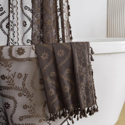 WAZZIO Brown Lace Shower Curtain for Bathroom 72" W x 72" L, Victorian Farmhouse Floral Pattern Tassel Fancy Shower Curtain Boho Washable Cloth Decorative Bath Curtains,1 Panel