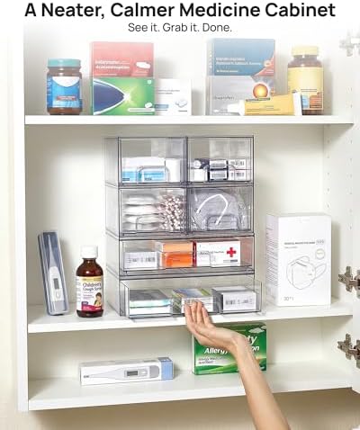 Vtopmart Stackable Storage Drawers Set of 6, Clear Plastic Organizer Bins for Bathroom Supplies, Ideal for Cabinet,Shelf, Pantry, Laundry Room Organization