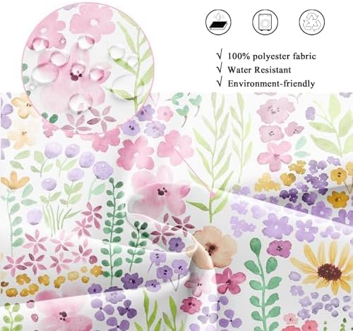 Pink Purple Cute Floral Boho Spring Kids Girls Bathroom Shower Curtain Set | 72"W x 72"H Wildflower Watercolor; waterproof HD print, quick-dry fabric with 12 hooks for easy hanging.
