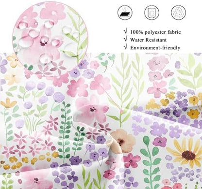 Pink Purple Cute Floral Boho Spring Kids Girls Bathroom Shower Curtain Set | 72"W x 72"H Wildflower Watercolor; waterproof HD print, quick-dry fabric with 12 hooks for easy hanging.